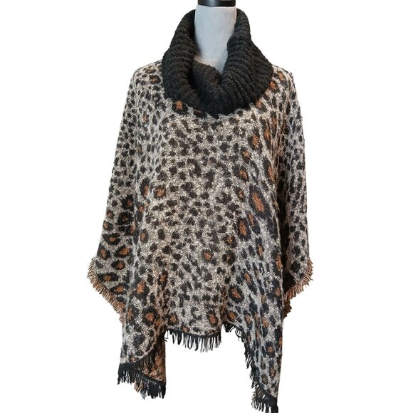 Leopard Print Sweater Poncho Ribbed Cowl Neck Fringe Edges Womens Small/Medium - Picture 1 of 6